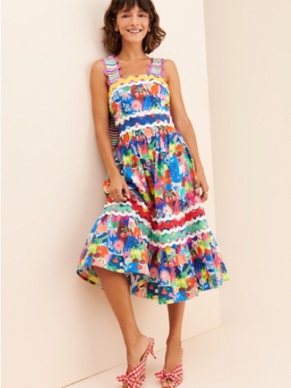 Celia B Rosso Multicolor Printed Ric Rac Midi Dress - Picture 2 of 10